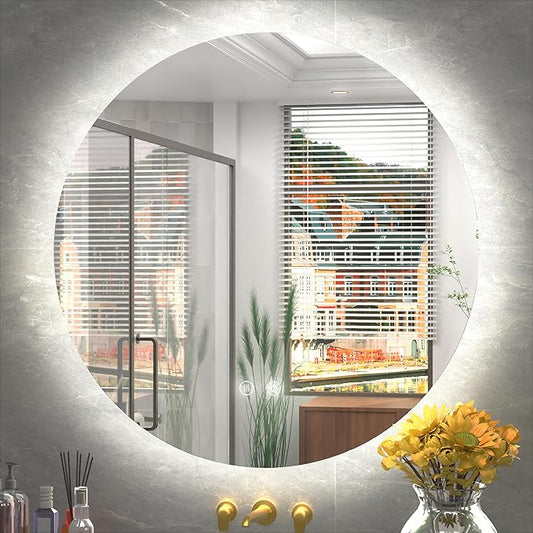 36 Inch Frameless Round LED Bathroom Mirror with Lights, 3 Color Temperatures (3000K/4500K/6000K), Anti-Fog, Dimmable Backlit, Round Vanity Mirror with Lights Wall Mounted