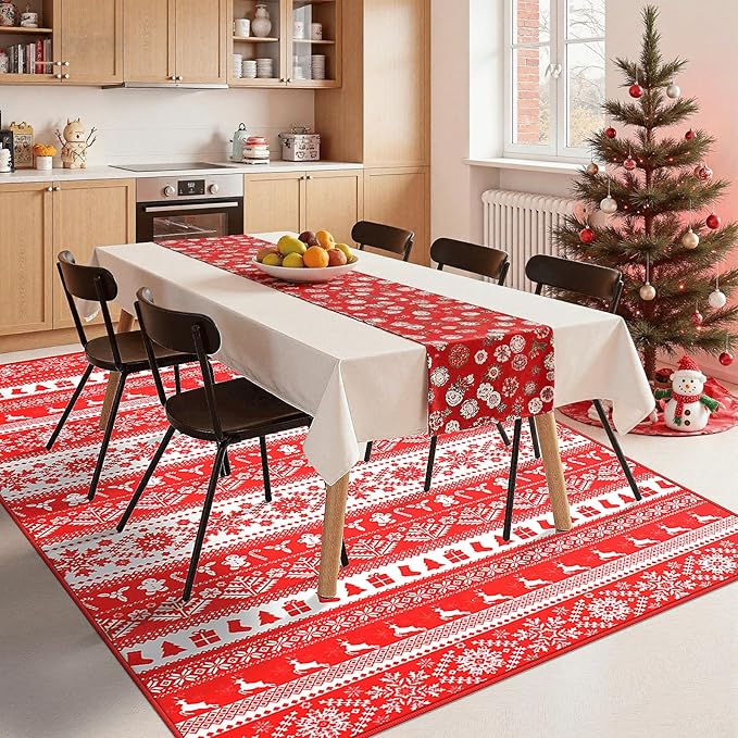 Area Rugs for Bedroom, 3x5 Ft Indoor Washable Rugs for Entryway Snowflake Print Living Room Carpet, Farmhouse Welcome Front Door Mat Non Slip Carpet for Entrance Porch Bath Kitchen, Red