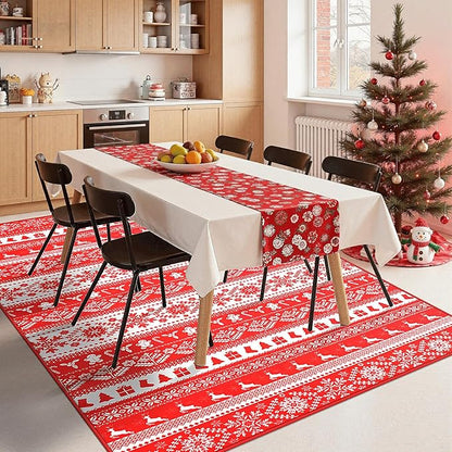 Area Rugs for Bedroom, 3x5 Ft Indoor Washable Rugs for Entryway Snowflake Print Living Room Carpet, Farmhouse Welcome Front Door Mat Non Slip Carpet for Entrance Porch Bath Kitchen, Red