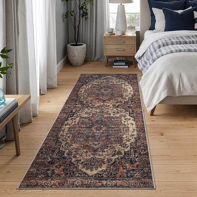 Bloom Rugs Washable 7 ft Runner - Beige/Terracotta Traditional Runner for Entryway, Hallway, Bathroom, and Kitchen - Exact Size: 2.5' x 7'