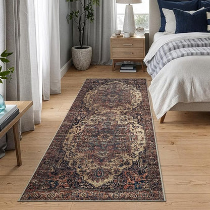 Bloom Rugs Washable 7 ft Runner - Beige/Terracotta Traditional Runner for Entryway, Hallway, Bathroom, and Kitchen - Exact Size: 2.5' x 7'