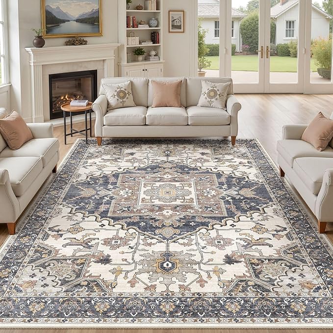 8x11 Washable Area Rugs for Living Room: Non Slip Vintage Blue Beige Rug, Large Soft Stain Resistant Indoor Floor Carpets for Bedroom Dining Room Nursery Home Office Kid & Pet Friendly