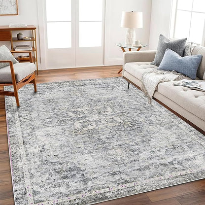 CHAMPLANT Washable Area Rug 4'x6' Vintage Traditional Floor Cover Foldable Thin Rugs Retro Kitchen Indoor Distressed Non Slip Carpet Floral Print Mat Bedroom Living Room