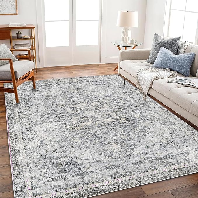 CHAMPLANT Washable Area Rug 3'x5' Vintage Traditional Floor Cover Foldable Thin Rugs Retro Kitchen Indoor Distressed Non Slip Carpet Floral Print Mat Bedroom Living Room