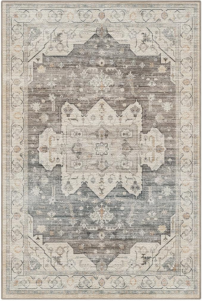LUMI 5x8 Washable Area Rug for Living Room, Ultra Soft Vintage Rug with TPE Non Slip Backing, Stain Resistant, Low Profile Carpet High Traffic for Bedroom, Dining Room