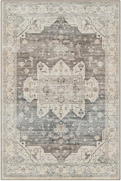 LUMI 5x8 Washable Area Rug for Living Room, Ultra Soft Vintage Rug with TPE Non Slip Backing, Stain Resistant, Low Profile Carpet High Traffic for Bedroom, Dining Room