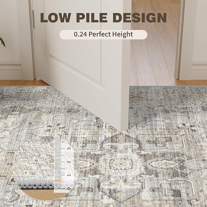 10x14 Living Room Rug - Large Washable Non Slip Vintage Rugs Low Pile Stain Resistant Distressed Carpet for Bedroom Dining Room Home Office 10'x14' Beige/Brown