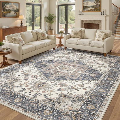 12x15 Washable Area Rugs for Living Room: Non Slip Vintage Beige Blue Rug, Large Soft Stain Resistant Indoor Floor Carpets for Bedroom Dining Room Nursery Home Office Kid & Pet Friendly