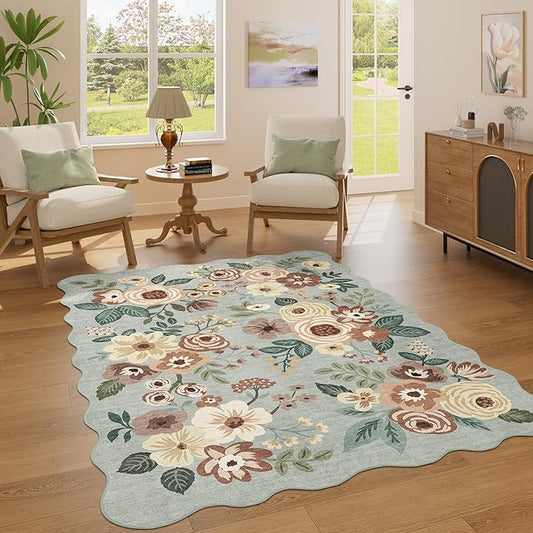 DUKINO 4x6 Area Rug, Floral Non-Slip Indoor Washable Rug with Low Pile & Non-Shedding, Lightwight Boho Design Carpet for Entryway, Bedroom, Kids Room, Living Room, Kitchen, Sage Green