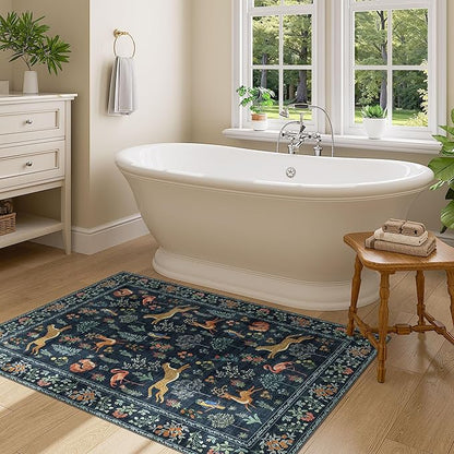 DUKINO 3x4 Washable Entryway Rug, Vintage Animal Ultra Soft Kitchen Area Rug with Non Slip Backing, Low Pile & Stain Resistant Indoor Door Mat for Bathroom, Bedroom, Laundry Room, Office, Navy Blue