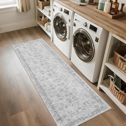Grey Runner Rugs for Hallway: Abstract Washable Runner Rug 2x6 for Entryway Kitchen Bedroom Bathroom - Modern Cozy Home Decor Long Carpet Mat Stain-Resistant - Light Grey