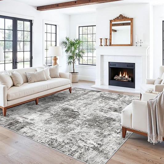 ZHXXUJ 7x7 Square Washable Area Rug, Non-Slip Indoor Rug for Living Room Bedroom Dining Room, Low Pile Stain Resistant Modern Abstract Neutral (Grey)