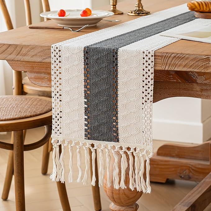 FEXIA Boho Table Runner for Summer Home Decor with Tassels 60 Inches Long Farmhouse Grey Rustic Burlap Table Runner Macrame Table Decoration for Kitchen Bedroom Living Room (12x60 Inches)