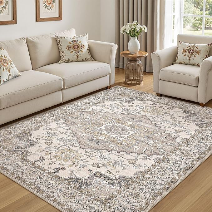 6x9 Washable Area Rugs for Living Room: Non Slip Vintage Brown Rug, Large Soft Stain Resistant Indoor Floor Carpets for Bedroom Dining Room Farmhouse Nursery Home Office Kid & Pet Friendly