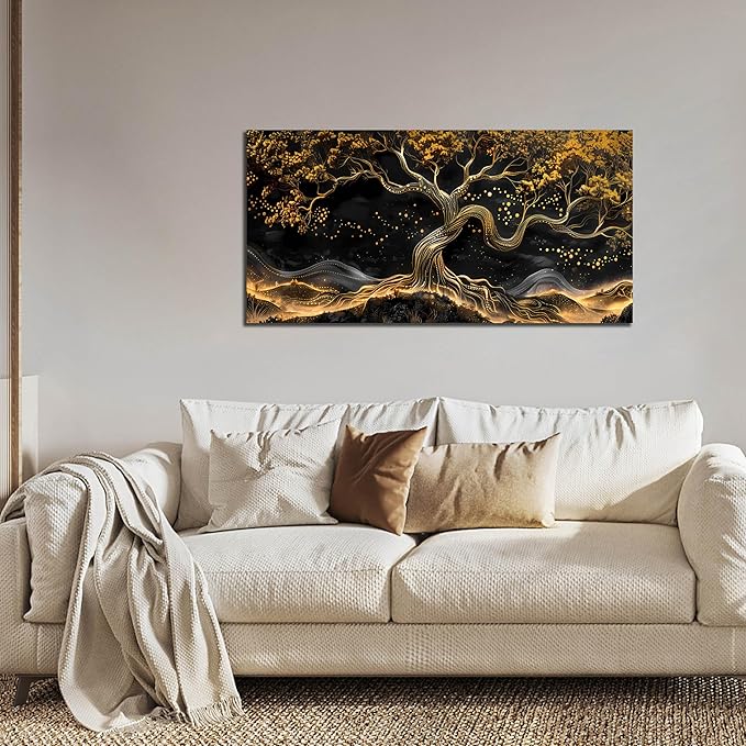 Gold Trees Canvas Wall Art for Living Room - Black Art Wall Decor for Bedroom - Office Artwork Wall Decor Size 20" x 40"