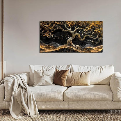 Gold Trees Canvas Wall Art for Living Room - Black Art Wall Decor for Bedroom - Office Artwork Wall Decor Size 20" x 40"