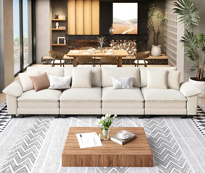 SUNSHINE VALLEY 4 Seat Modular Sofa, 157.5'' Oversized Modern Corduroy Sectional Couch with Removable Armrest and Pillow, Upholstered Cloud Deep Seat Sofa for Living Room, Beige