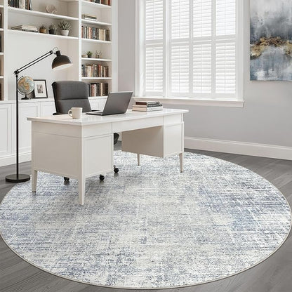 7ft Round Rug Living Room: 7x7 Washable Large Neutral Blue Circle Area Rug Abstract Soft Modern Stain Resistant Indoor Floor Non-Slip Carpet for Bedroom Nursery Kids Office Playroom Dining Room