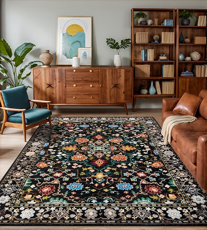 8x10 Area Rugs for Living Room, Machine Washable Vintage Rug, Non-Slip Low Pile Throw Rugs with Rubber Backing Washable Carpet for Bedroom Dining Room Kitchen Home Decor, Black
