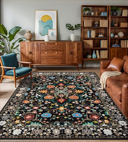 8x10 Area Rugs for Living Room, Machine Washable Vintage Rug, Non-Slip Low Pile Throw Rugs with Rubber Backing Washable Carpet for Bedroom Dining Room Kitchen Home Decor, Black