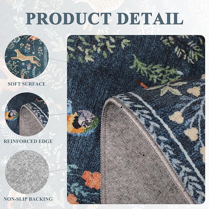 DUKINO 6x9 Rug, Washable Animal Living Room Rug with Non Slip Vintage Design, Soft Low Pile Large Carpet for Bedroom, Nursery, Dining Room, Farmhouse, Playroom, Blue