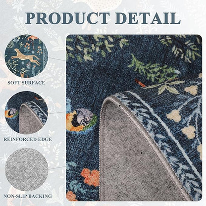 DUKINO 6x9 Rug, Washable Animal Living Room Rug with Non Slip Vintage Design, Soft Low Pile Large Carpet for Bedroom, Nursery, Dining Room, Farmhouse, Playroom, Blue