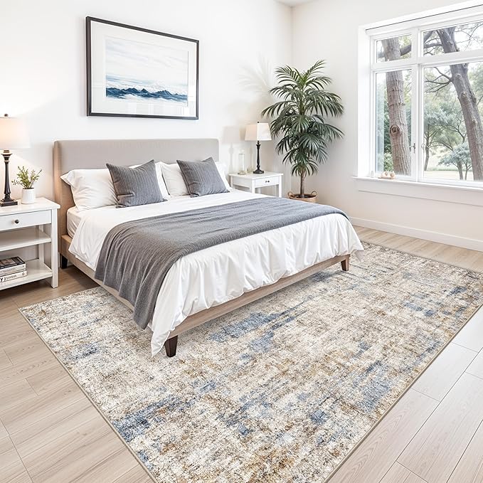 9x12 Washable Living Room Rug – Neutral Modern Abstract Large Area Rugs for Bedroom, Dining Room, Office – Soft Non-Slip Low-Pile Thin Stain-Resistant Indoor Carpet (Blue Brown)