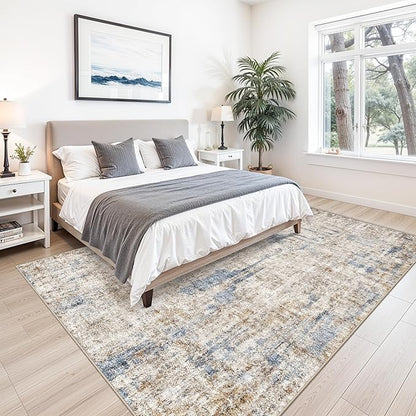 9x12 Washable Living Room Rug – Neutral Modern Abstract Large Area Rugs for Bedroom, Dining Room, Office – Soft Non-Slip Low-Pile Thin Stain-Resistant Indoor Carpet (Blue Brown)