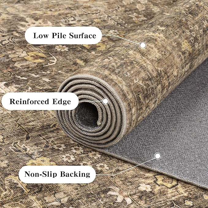 2'6"x8' Brown Runner Rug Hallway Non Slip Washable Area Rugs Kitchen Soft Vintage Boho Long Rug Distressed Floral Carpet Indoor Low Pile Throw Rug for Bedroom Bathroom Laundry Dining Room Office