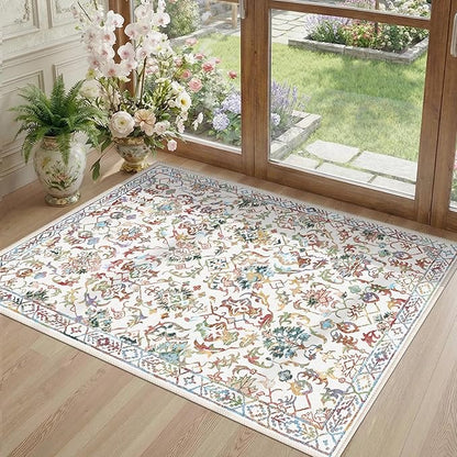 Colorful Area Rug 2x3 Entryway Rug for Bedroom Bathroom, Non-Slip Low-Pile Washable Boho Carpet Retro Accent Doormat for Laundry Room Hallway Kitchen 24x36 Inch