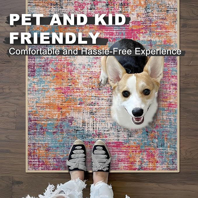 KILOCOCO Modern Abstract Runner Rug 2x6 ft Washable Hallway Runner Rug Non Slip Soft Pinted Kitchen Runners for Hallways Entryway Bedside Laundry Room Floor Runners, Pink/Orange/Blue