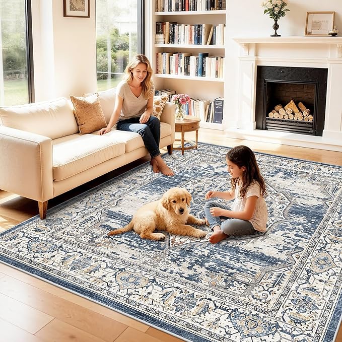 7x7 Area Rug Washable Living Room Rugs: 7ft Square Ultra Thin Soft Oriental Area Rugs Non-Slip Backing Farmhouse Rug Low Pile Thin Stain Resistant Indoor Carpets, 7' x 7' Blue
