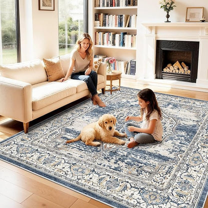 7x7 Area Rug Washable Living Room Rugs: 7ft Square Ultra Thin Soft Oriental Area Rugs Non-Slip Backing Farmhouse Rug Low Pile Thin Stain Resistant Indoor Carpets, 7' x 7' Blue