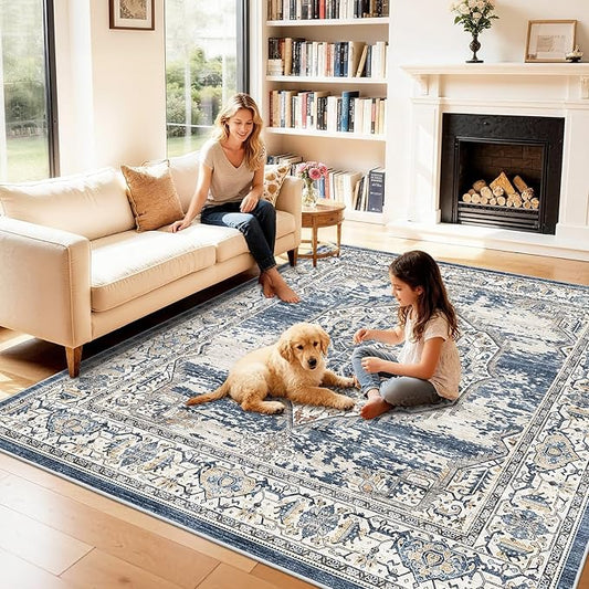 7x7 Area Rug Washable Living Room Rugs: 7ft Square Ultra Thin Soft Oriental Area Rugs Non-Slip Backing Farmhouse Rug Low Pile Thin Stain Resistant Indoor Carpets, 7' x 7' Blue