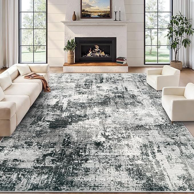 10x14 Area Rug for Living Room: Washable Abstract Large Soft Rugs Non Slip Modern Stain Resistant Low Pile Carpet for Dining Room Bedroom Nursery Office (Black Grey, 10'x14')