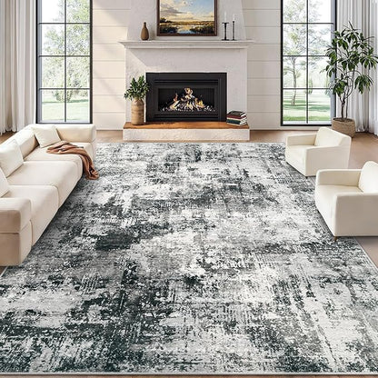 10x14 Area Rug for Living Room: Washable Abstract Large Soft Rugs Non Slip Modern Stain Resistant Low Pile Carpet for Dining Room Bedroom Nursery Office (Black Grey, 10'x14')