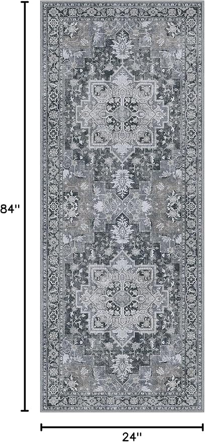 GENIMO 2x7 Runner Rugs for Hallway, Machine Washable Non Slip Vintage Rugs, Low Pile Lightweight Soft Print Rug for enrtyway, Corridor, Home Office, Kitchen,Dark Gray