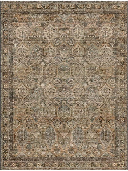 Bavni Washable Rug 9x12 Area Rug for Living Room Bedroom Dining, Washable Vintage Print Carpet, Ultra-Thin Chenille Low Pile Lightweight Rug with Non Slip Backing, Warm Taupe