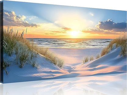 TutuBeer Beach Pictures Ocean Pictures Wall Decor White Beach with Dunes and Grass Picture Print on Canvas Ocean Seascape Paintings Canvas Art Prints Wall Decor Ready to Hang 12" x 24"