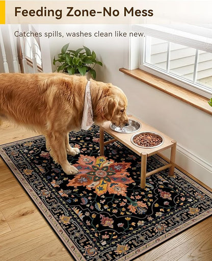 RELEANY Area Rugs 2'x3' Kitchen Rugs Entry Rug Small Rugs for Entryway Kitchen Bathroom Door Mat Indoor Entrance,Washable Non Slip, Black Colorful Floral Dark Tan