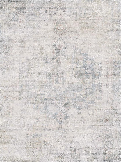 9x12 Washable Area Rug for Living Room, Large Light Blue Vintage Medallion Rug, Non Slip Low Pile Stain Resistant Carpet for Bedroom Dining Room, Soft Distressed Neutral Home Decor