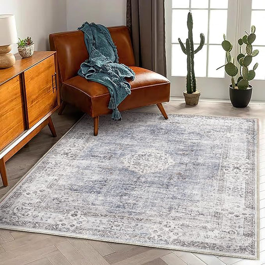 CHAMPLANT Washable Area Rug 4'x6' Vintage Traditional Floor Cover Foldable Thin Rugs Retro Kitchen Indoor Distressed Non Slip Carpet Floral Print Mat Bedroom Living Room