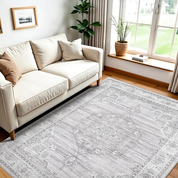 Washable Area Rugs 5x6 Entryway: Soft Ultra Thin Low Pile Mat Machine Washable Indoor Doormat Lightweight Entry Rug Anti Slip Backing Rugs for Living Room Bedroom Kitchen 5'x6' Light Grey