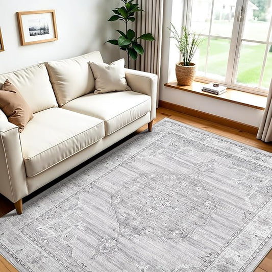 Washable Area Rugs 5x6 Entryway: Soft Ultra Thin Low Pile Mat Machine Washable Indoor Doormat Lightweight Entry Rug Anti Slip Backing Rugs for Living Room Bedroom Kitchen 5'x6' Light Grey