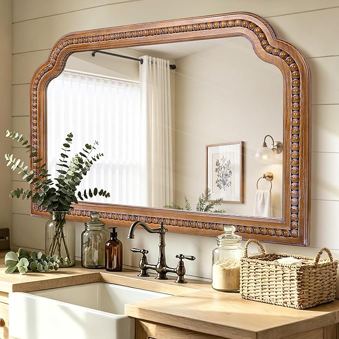 36x24 Inch Farmhouse Arch Wall Mirror, Wood Beaded Framed Decorative Mirrors for Living Room, Bedroom, Vanity, Bathroom, Entryway