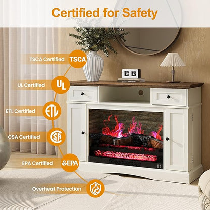 RoyalCraft TV Stand with 28'' Fireplace for TVs up to 55'', Media Console Table with Adjustable Shelves, Double-Door Design, Entertainment Center for Living Room, Bedroom, White