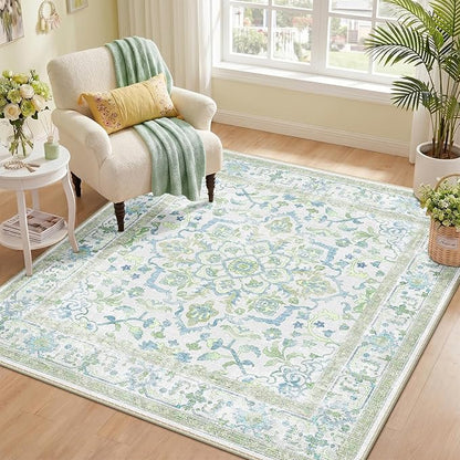 CAPALOCA Machine Washable Rugs Nursery Rug Sq5ft Cute Girl Non Slip Low Pile Water Repellent Soft Print Pattern for Bedroom Indoor Decor Kids Playroom Green Blue