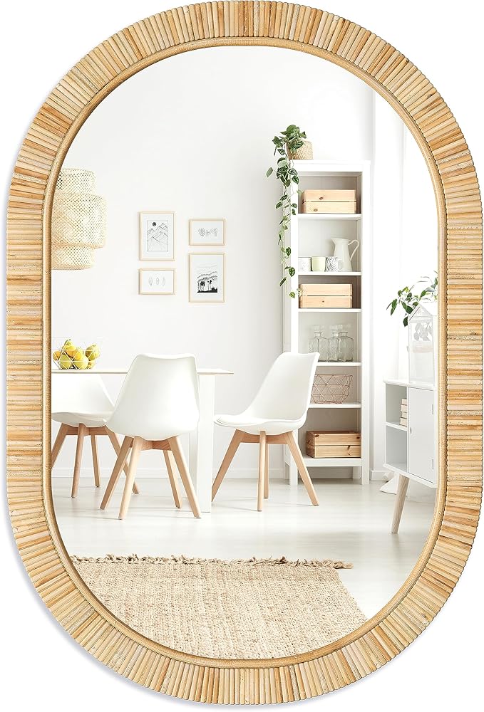 Barnyard Designs Oval Rattan Wall Mirror, Natural Tan Woven Rattan Frame, Indoor Decorative Mirror for Bedroom Living Room Entryway (20" x 30", Oval)