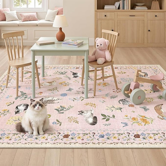 Soalmost Cat 3x5 Area Rugs for Entryway, Machine Washable Animal Floral Accent Rug Non-Slip Low Pile Soft Throw Rugs for Kitchen Bedside Living Room Bedroom Kids Room (3 x 5,Pink)