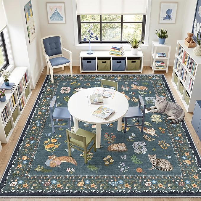Soalmost Cat 8x10 Area Rugs for Living Room, Machine Washable Animal Floral Vintage Rug Non-Slip Low Pile Soft Throw Large Rugs for Classroom Bedroom Dining Room Nursery Playroom (8 x 10,Navy Blue)